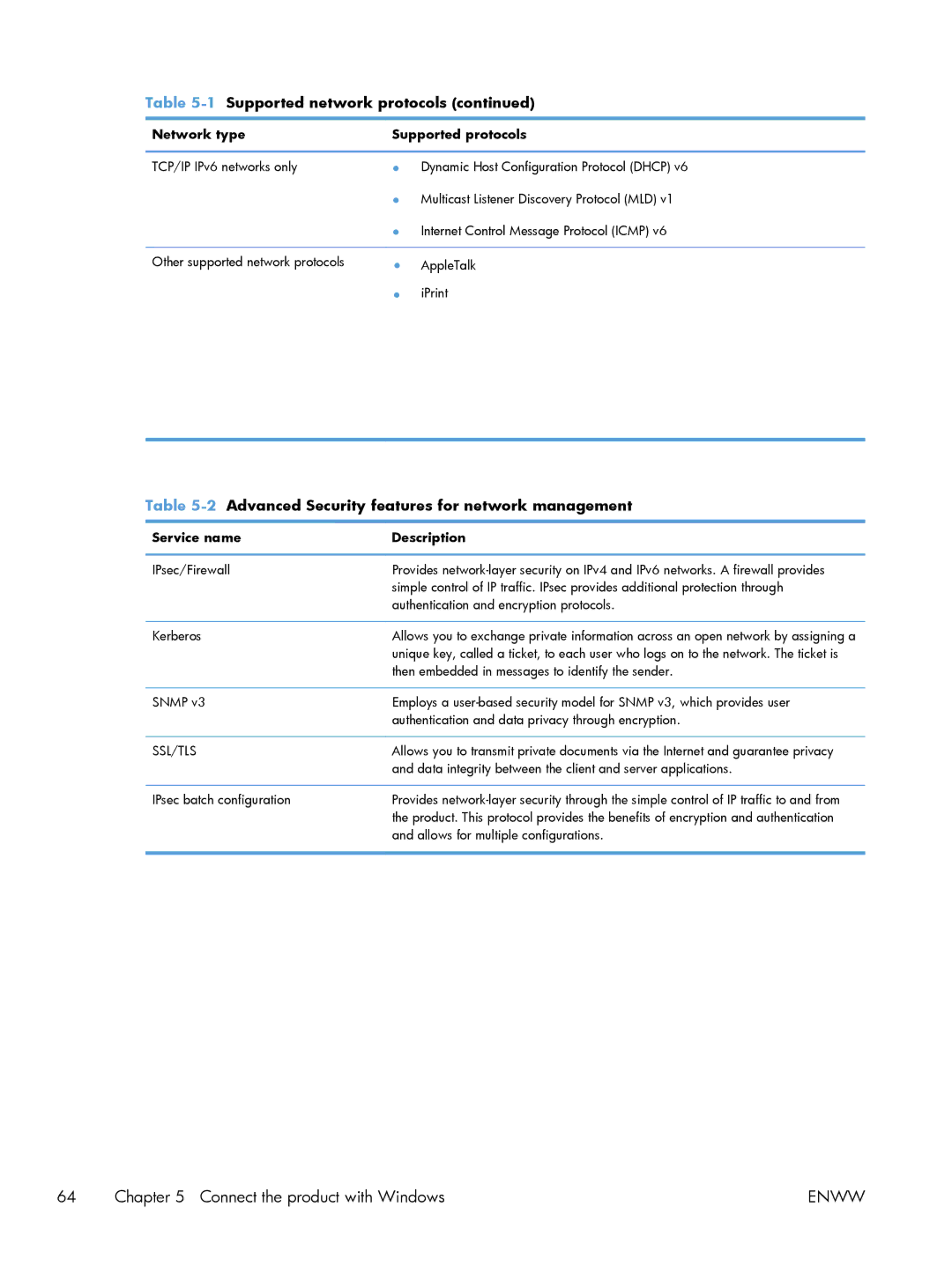 HP M551DN manual 2Advanced Security features for network management, Service name Description 