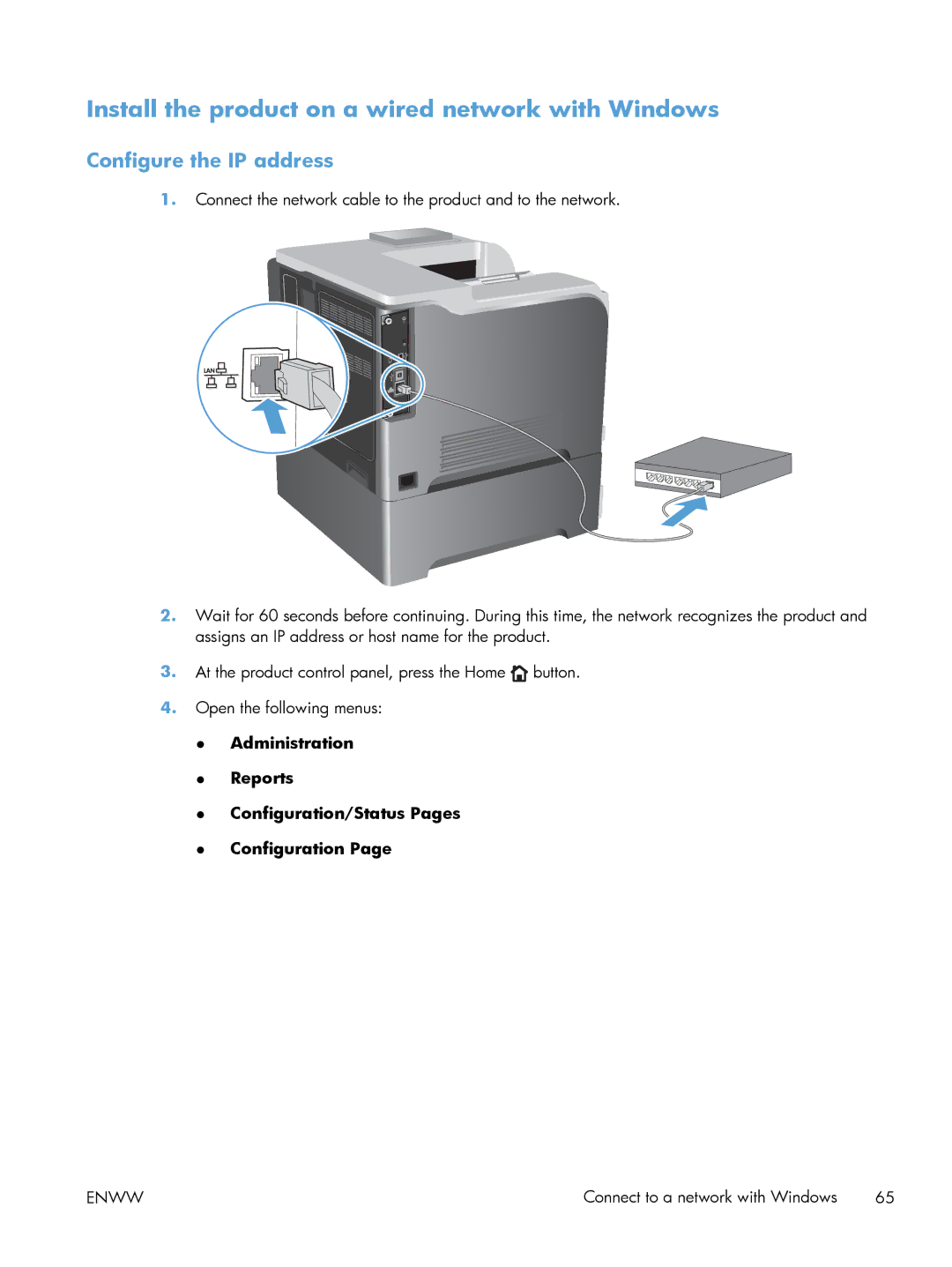 HP M551DN manual Install the product on a wired network with Windows, Configure the IP address 