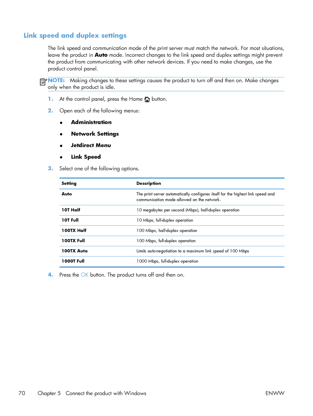 HP M551DN manual Link speed and duplex settings, Administration Network Settings Jetdirect Menu Link Speed 