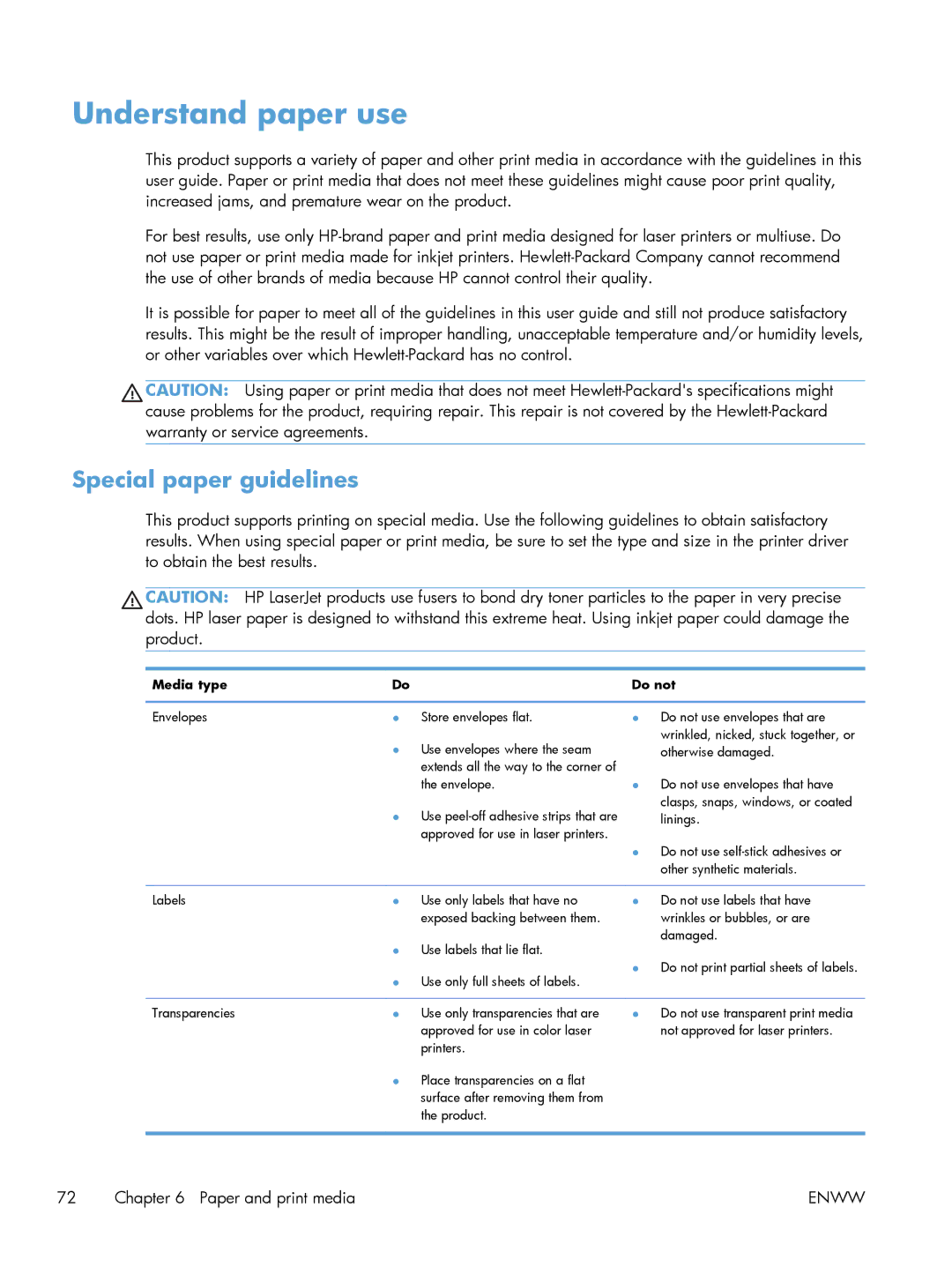 HP M551DN manual Understand paper use, Special paper guidelines, Media type Do not 