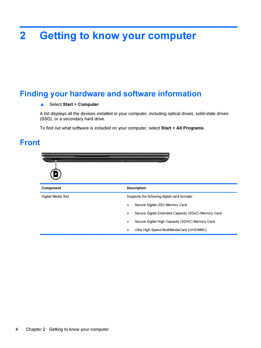 HP M6 1045DX B5S08UAR#ABA manual Getting to know your computer, Finding your hardware and software information, Front 