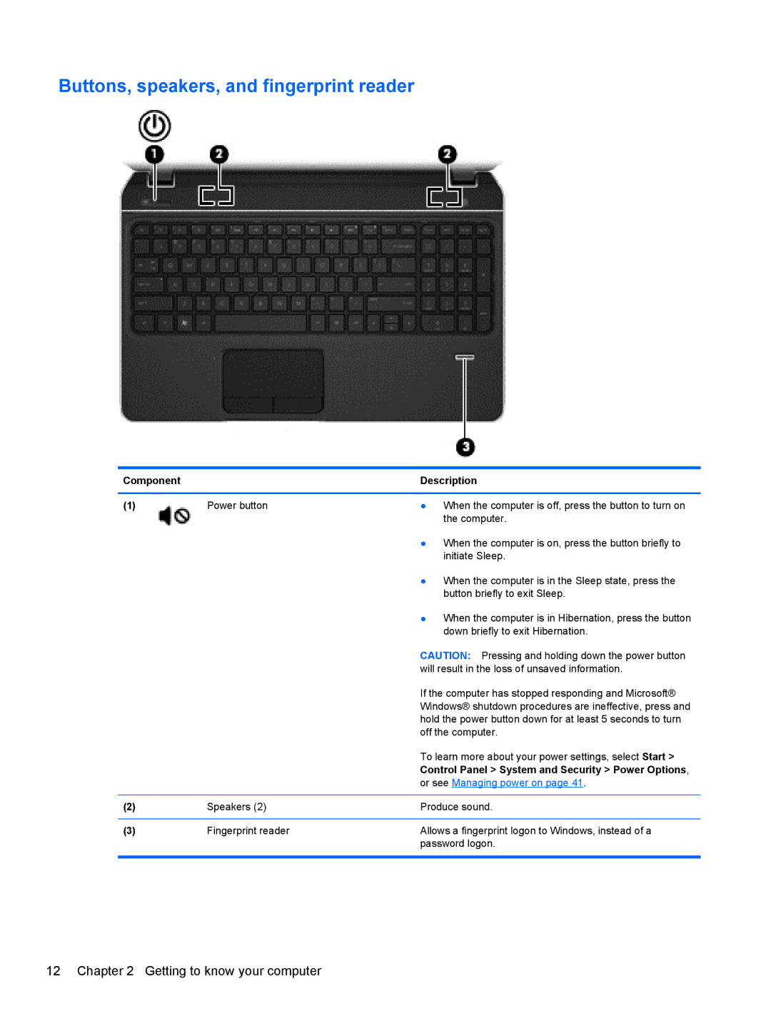 HP M6 1045DX B5S08UAR#ABA manual Buttons, speakers, and fingerprint reader, Or see Managing power on 