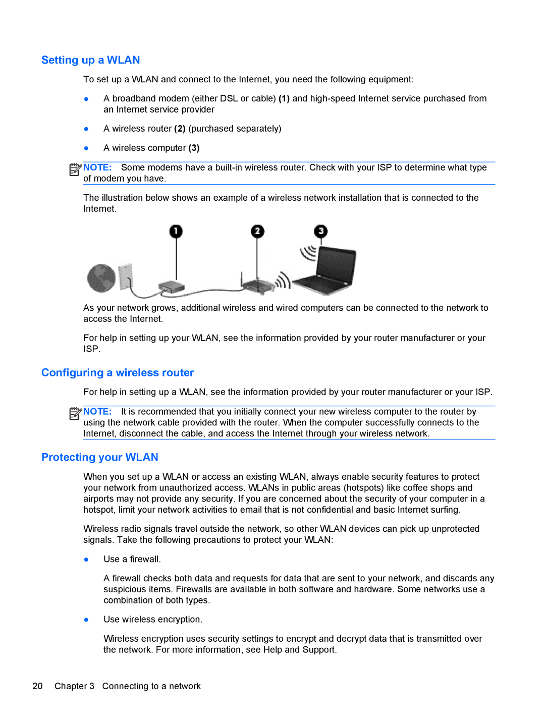 HP M6 1045DX B5S08UAR#ABA manual Setting up a Wlan, Configuring a wireless router, Protecting your Wlan 