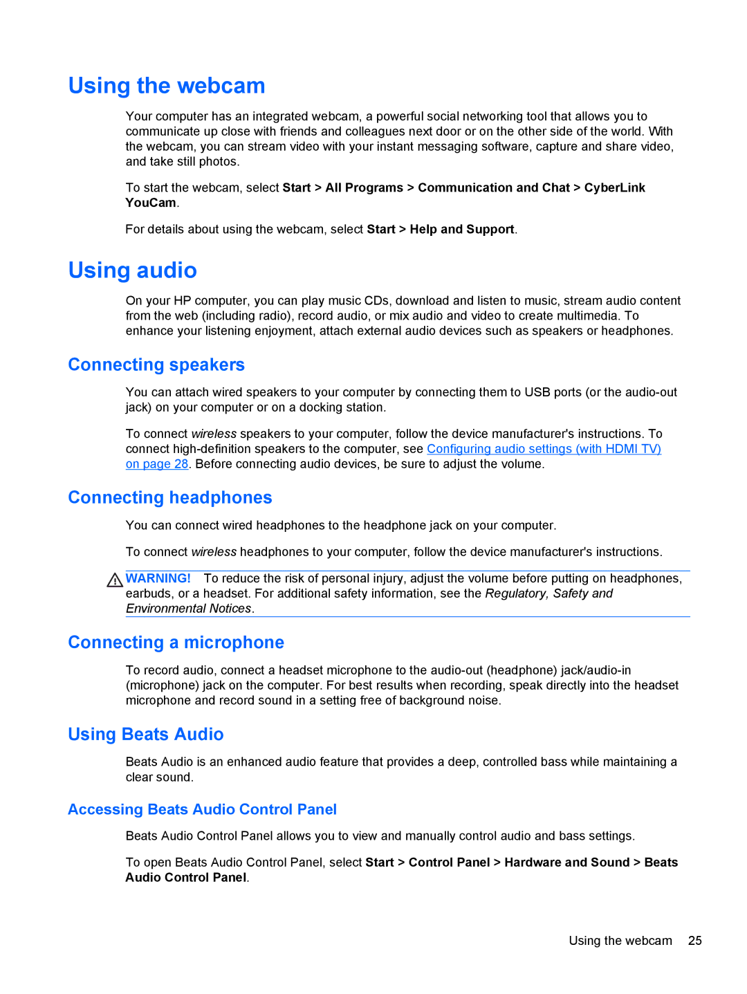 HP M6 1045DX B5S08UAR#ABA manual Using the webcam, Using audio 