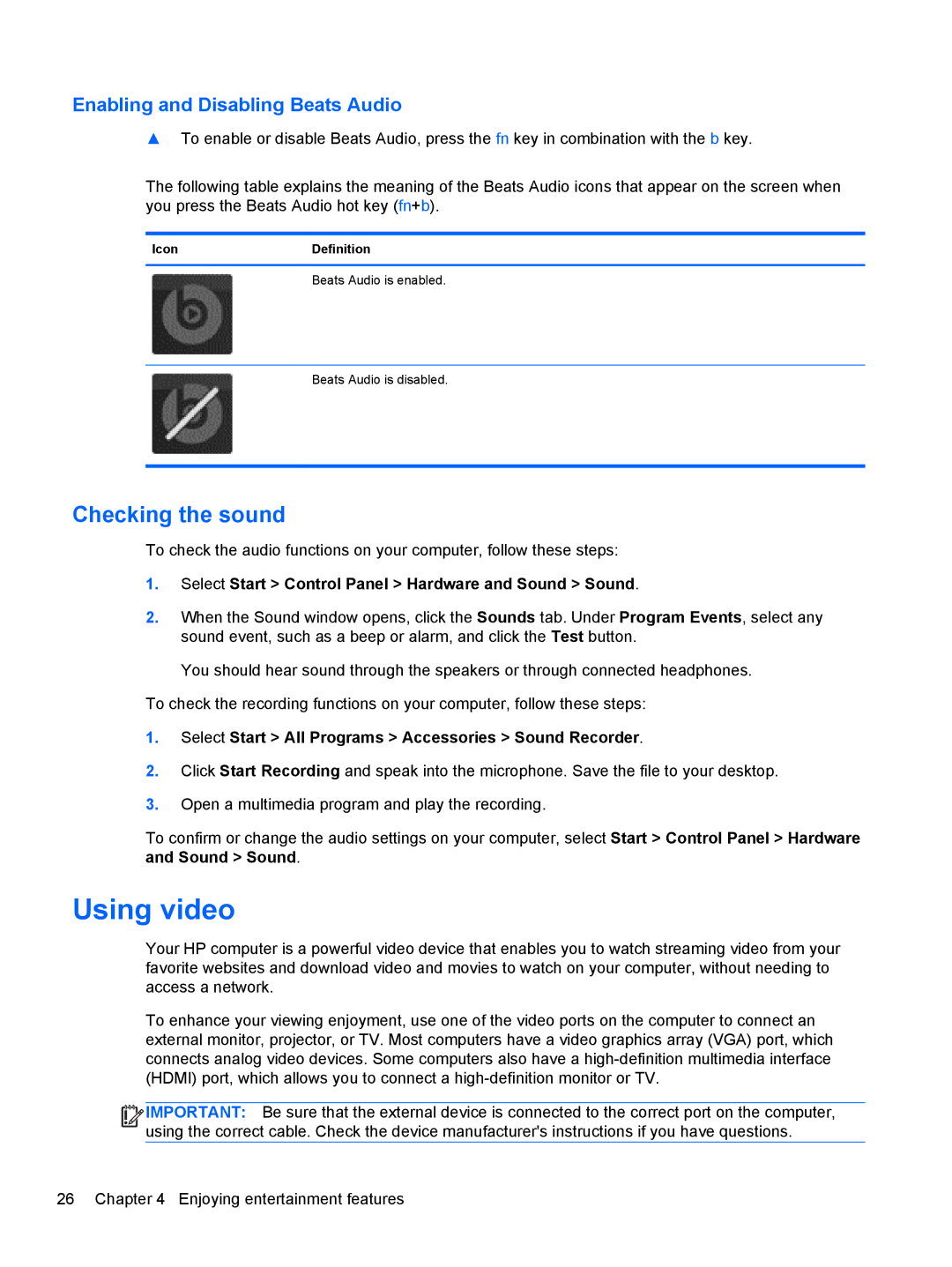 HP M6 1045DX B5S08UAR#ABA manual Using video, Checking the sound, Enabling and Disabling Beats Audio, IconDefinition 