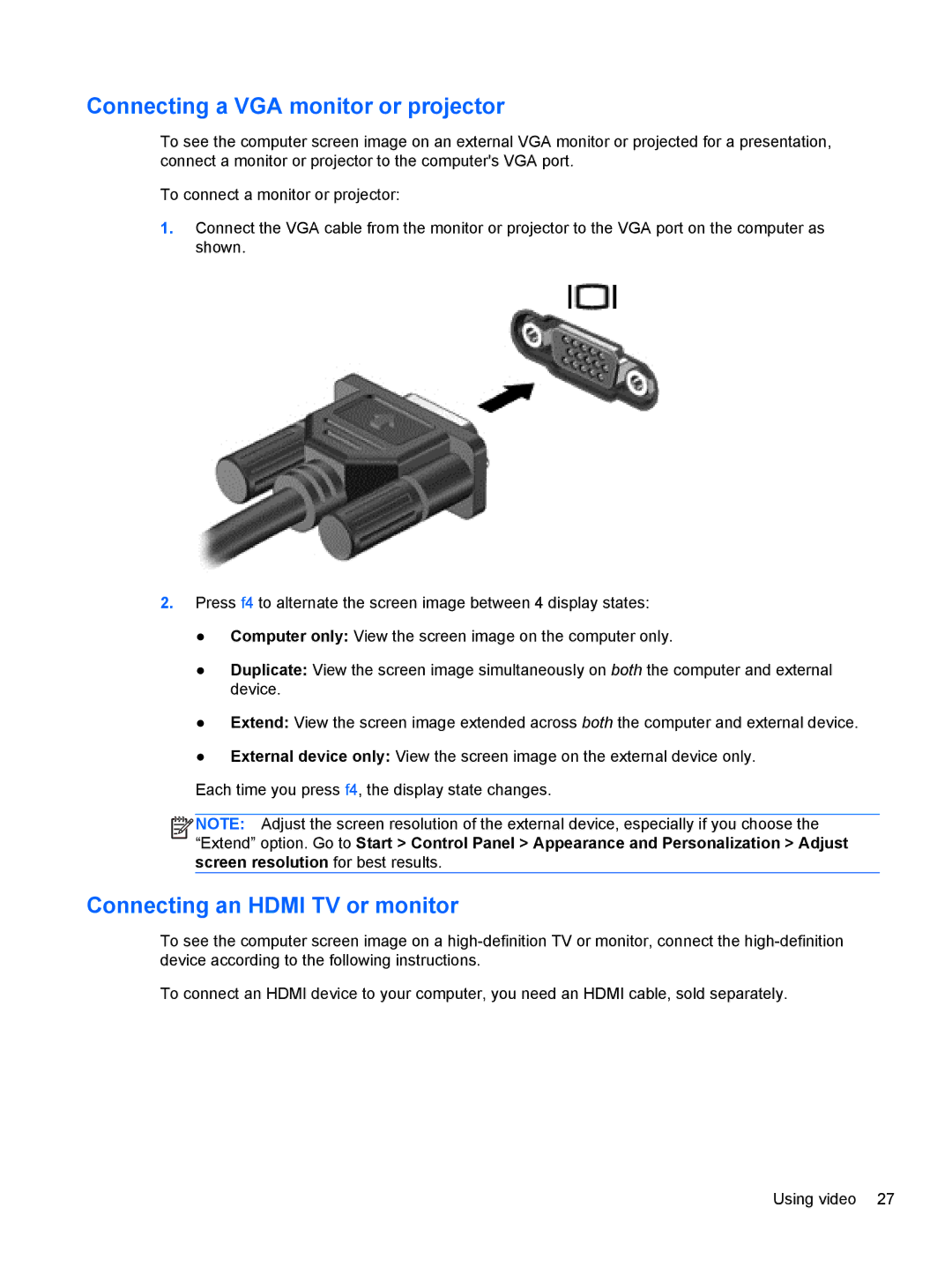 HP M6 1045DX B5S08UAR#ABA manual Connecting a VGA monitor or projector, Connecting an Hdmi TV or monitor 