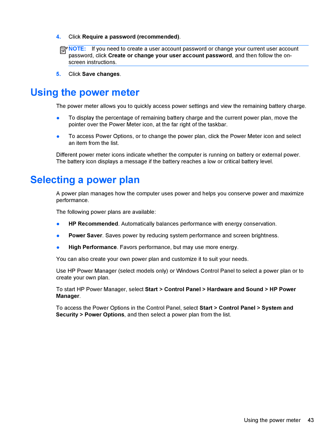 HP M6 1045DX B5S08UAR#ABA manual Using the power meter, Selecting a power plan 