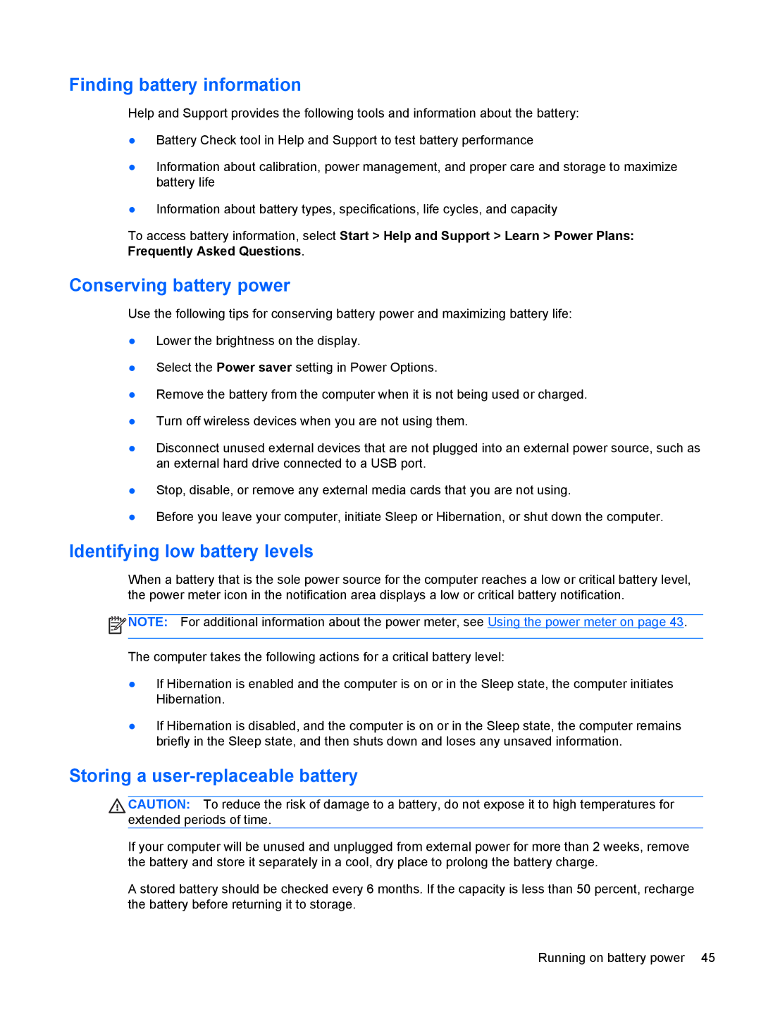 HP M6 1045DX B5S08UAR#ABA manual Finding battery information, Conserving battery power, Identifying low battery levels 