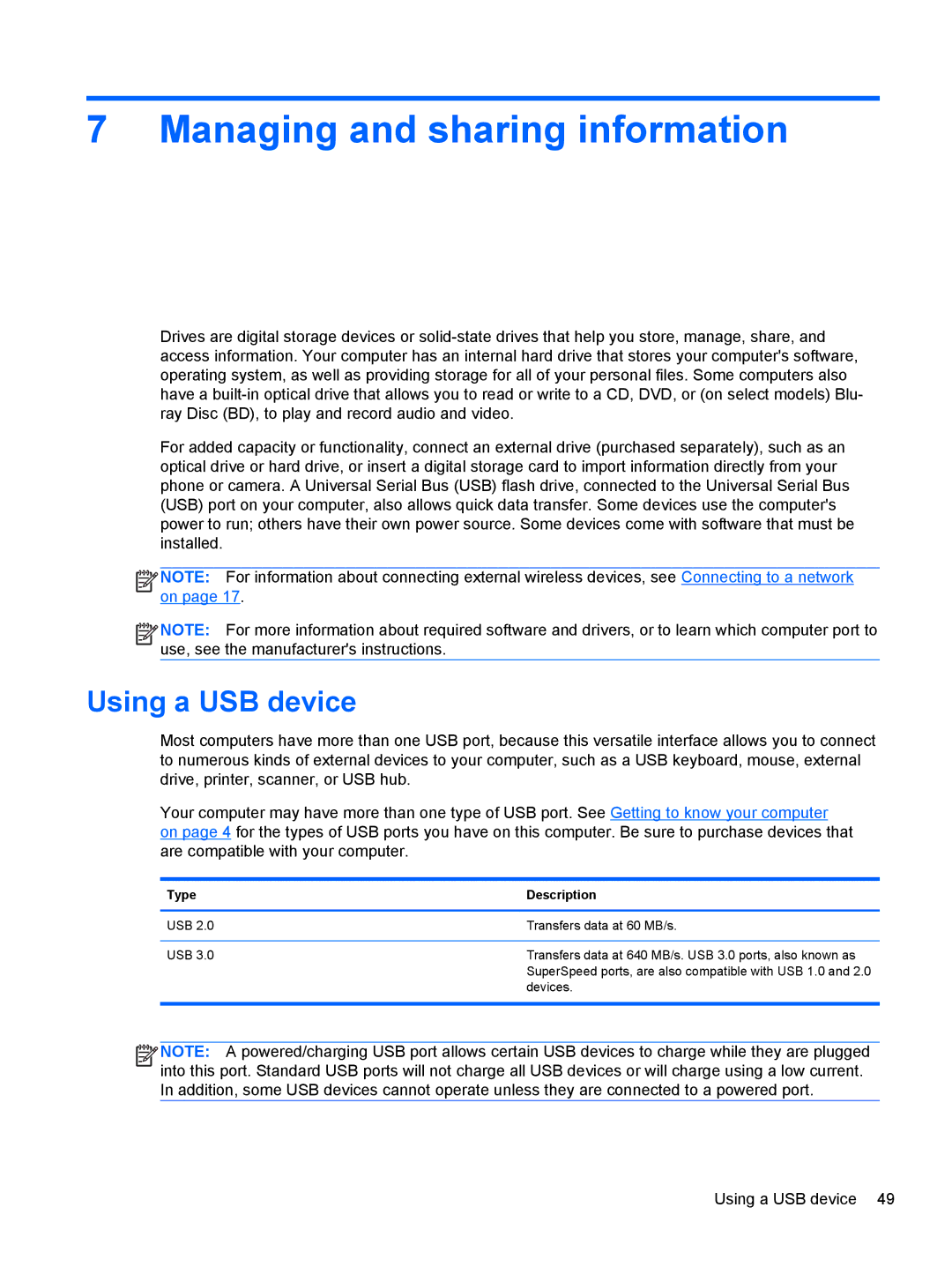 HP M6 1045DX B5S08UAR#ABA manual Managing and sharing information, Using a USB device, Type Description 