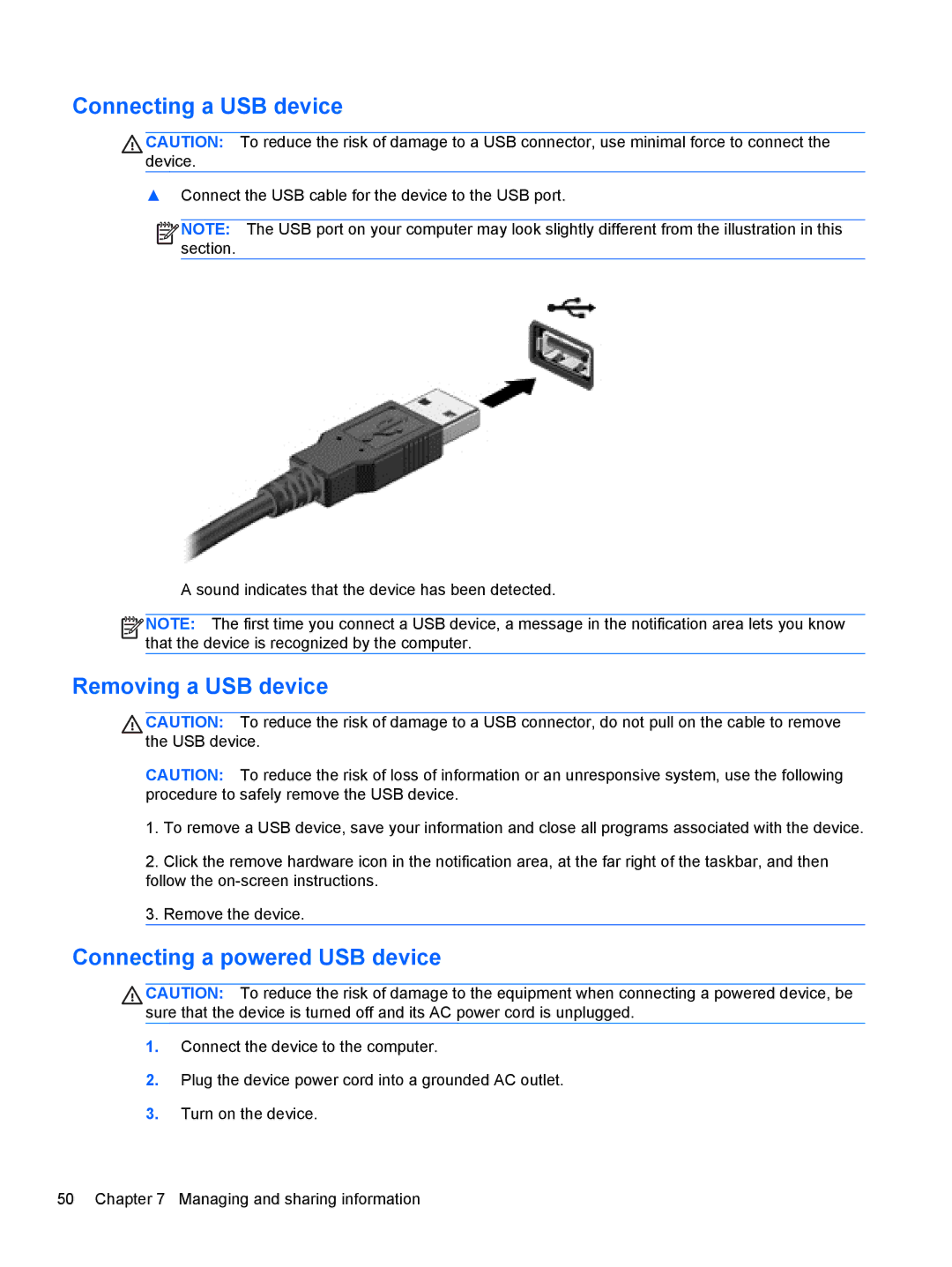 HP M6 1045DX B5S08UAR#ABA manual Connecting a USB device, Removing a USB device, Connecting a powered USB device 