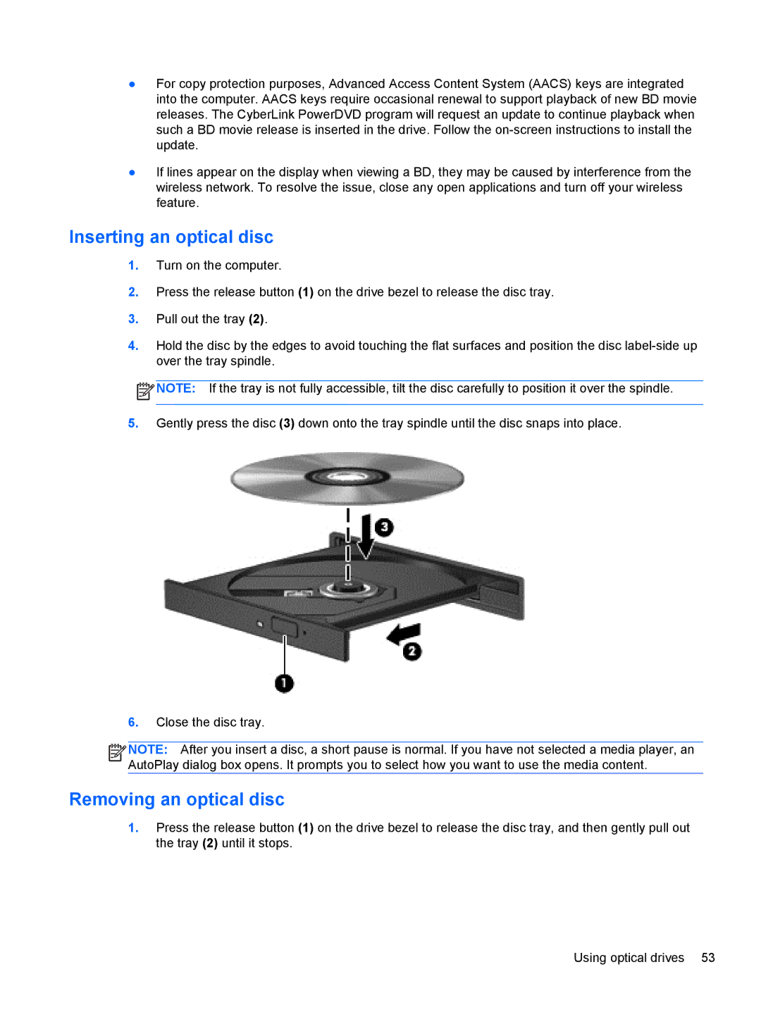 HP M6 1045DX B5S08UAR#ABA manual Inserting an optical disc, Removing an optical disc 