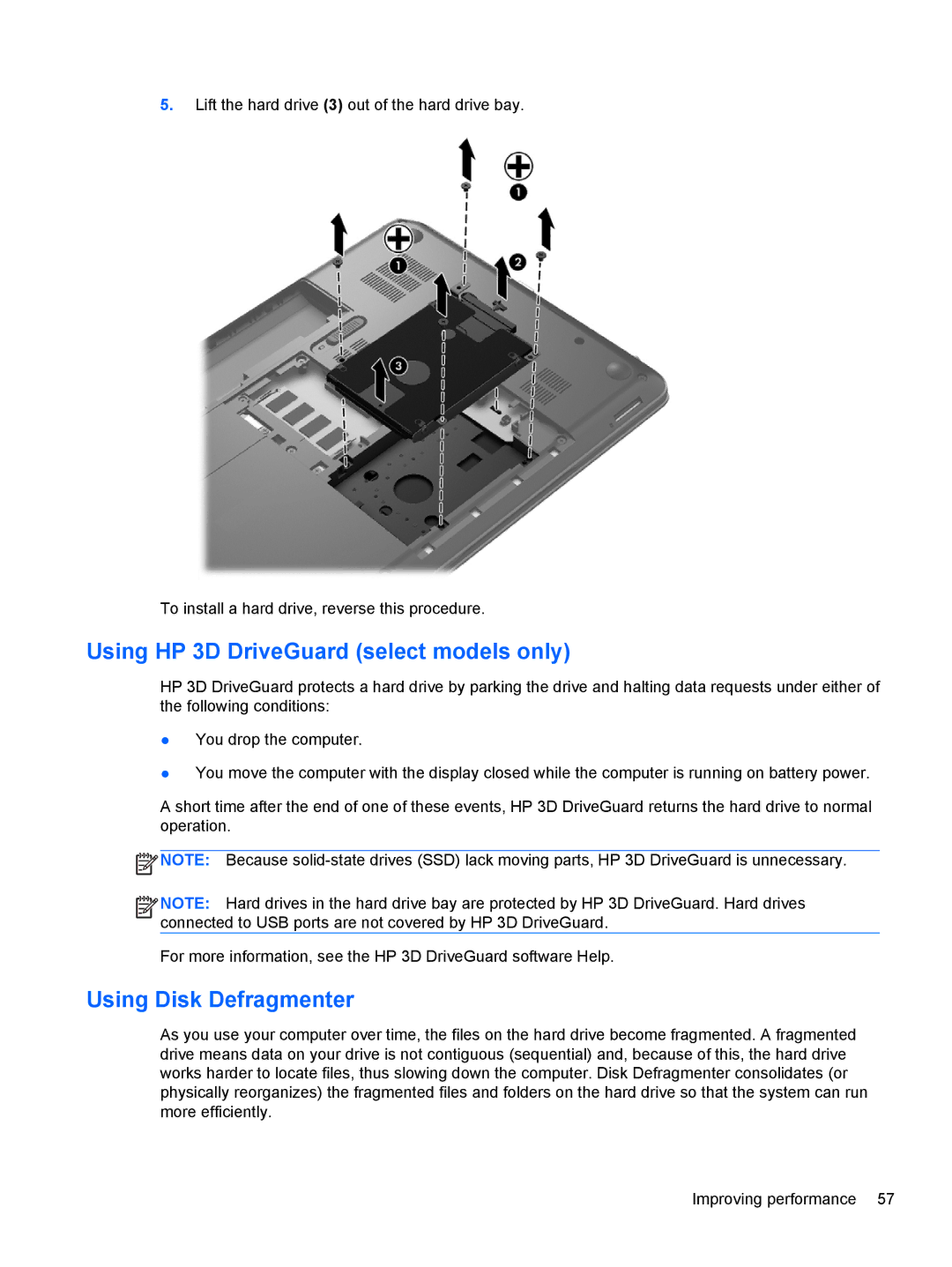 HP M6 1045DX B5S08UAR#ABA manual Using HP 3D DriveGuard select models only, Using Disk Defragmenter 