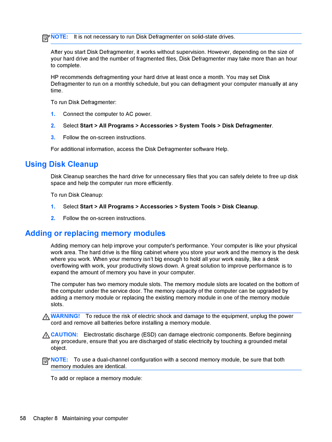 HP M6 1045DX B5S08UAR#ABA manual Using Disk Cleanup, Adding or replacing memory modules 