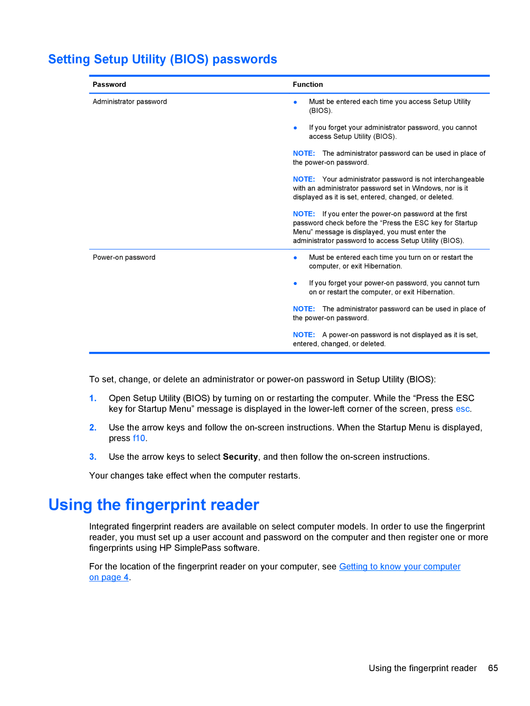 HP M6 1045DX B5S08UAR#ABA manual Using the fingerprint reader, Setting Setup Utility Bios passwords 