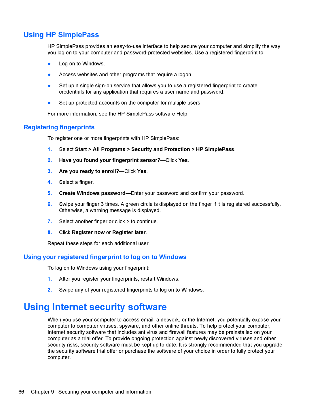 HP M6 1045DX B5S08UAR#ABA manual Using Internet security software, Using HP SimplePass, Registering fingerprints 