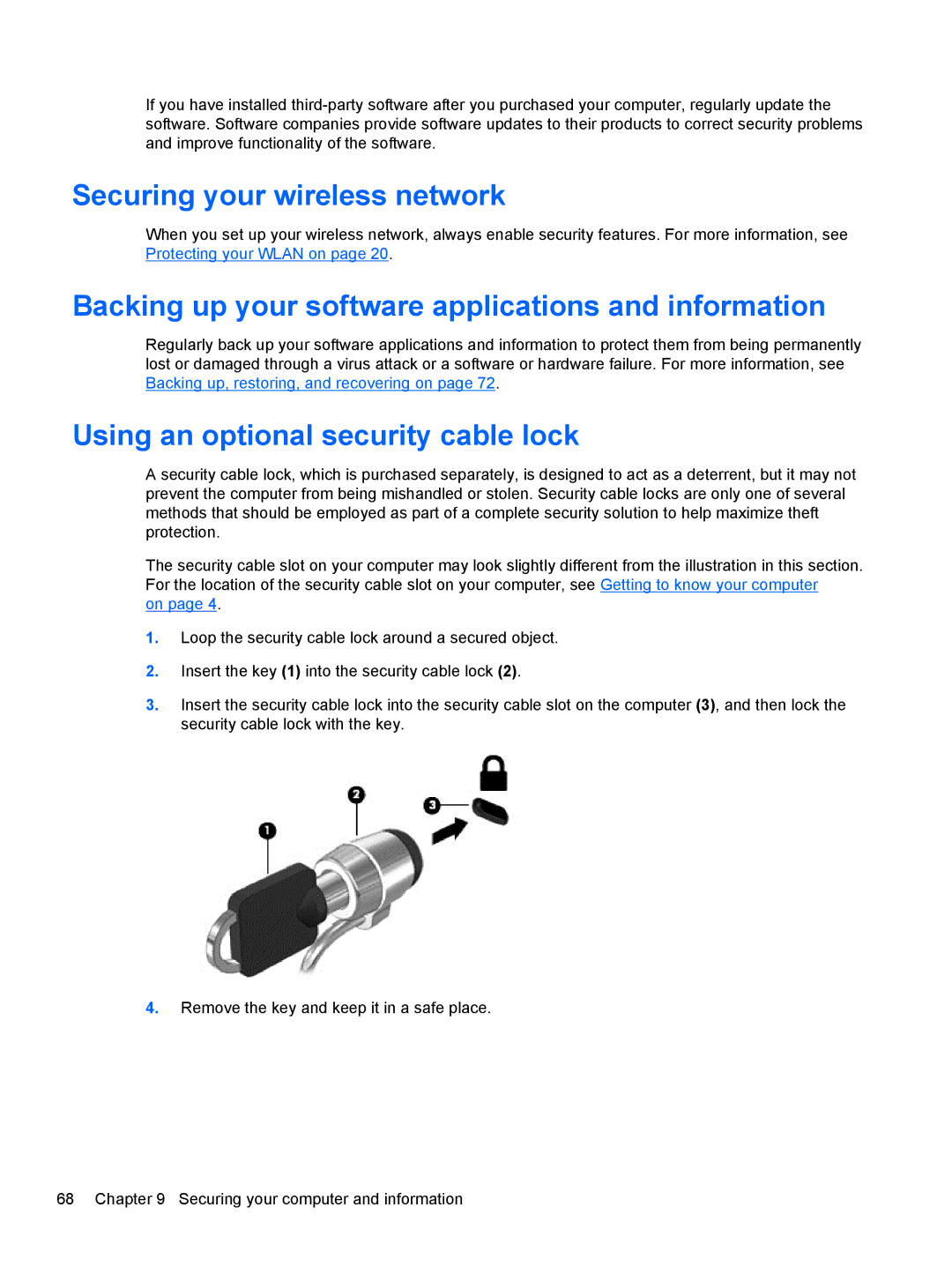 HP M6 1045DX B5S08UAR#ABA manual Securing your wireless network, Backing up your software applications and information 