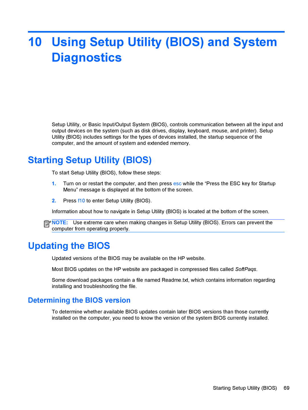 HP M6 1045DX B5S08UAR#ABA Using Setup Utility Bios and System Diagnostics, Starting Setup Utility Bios, Updating the Bios 