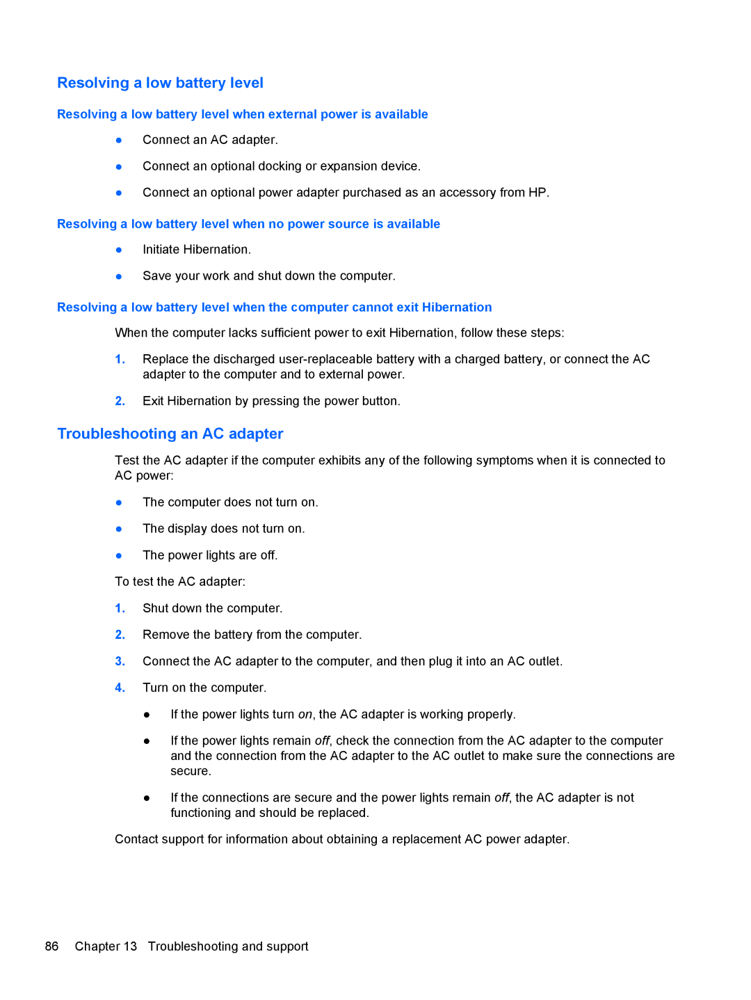 HP M6 1045DX B5S08UAR#ABA manual Resolving a low battery level, Troubleshooting an AC adapter 