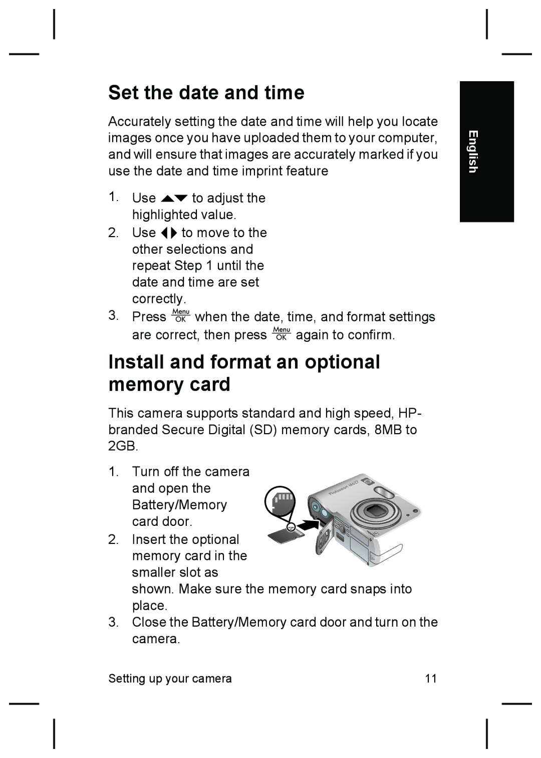 HP M627 manual Set the date and time, Install and format an optional memory card 