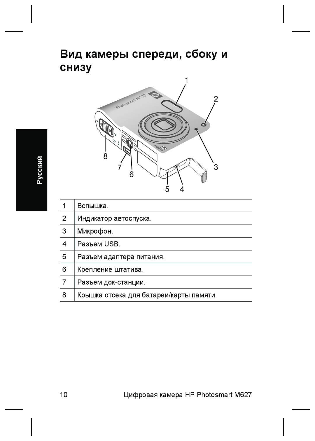 HP M627 manual Вид камеры спереди, сбоку и снизу 