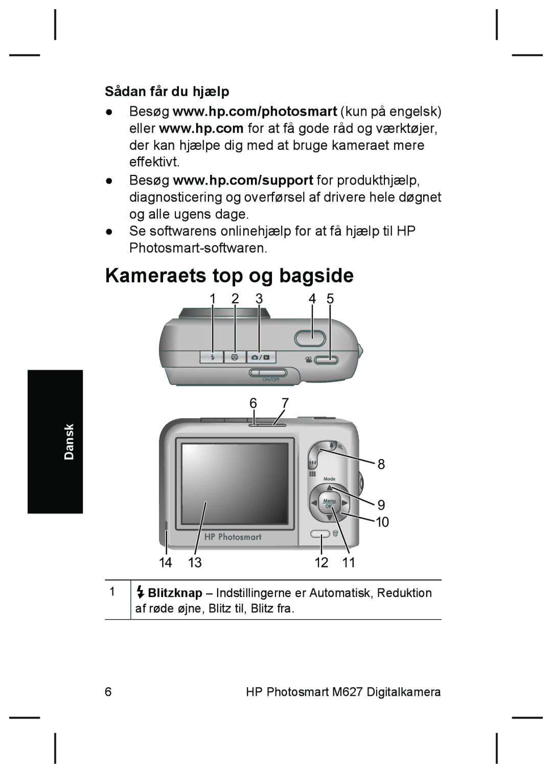 HP M627 manual Kameraets top og bagside, Sådan får du hjælp 