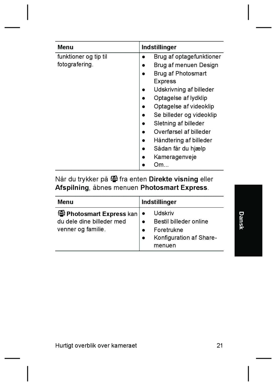 HP M627 manual Menu Indstillinger 