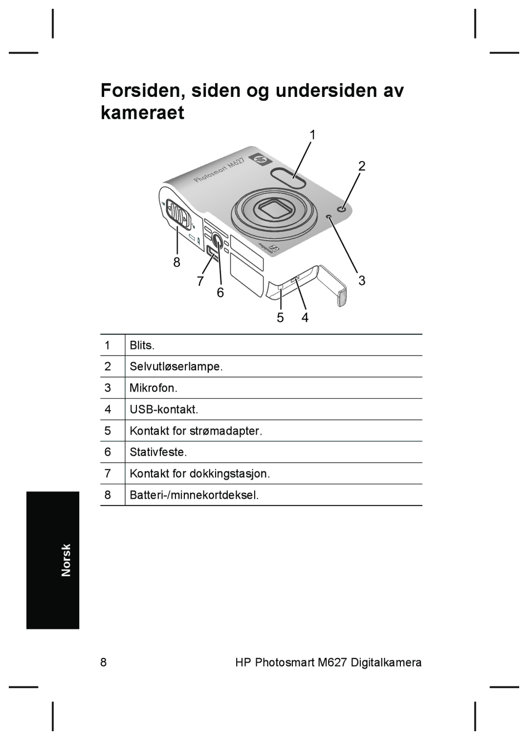 HP M627 manual Forsiden, siden og undersiden av kameraet 