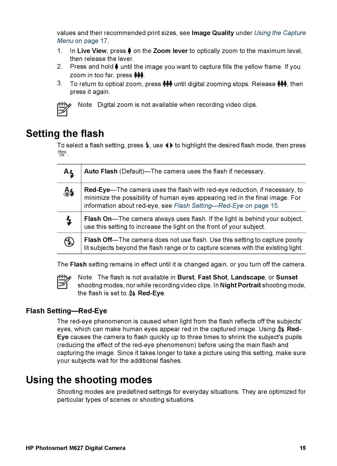 HP M627 manual Setting the flash, Using the shooting modes, Flash Setting-Red-Eye 