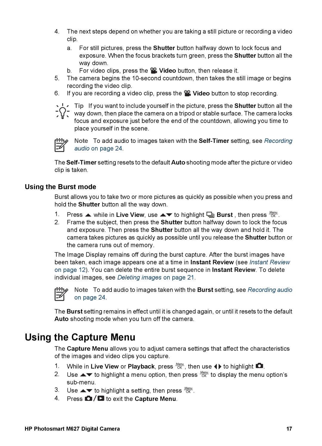 HP M627 manual Using the Capture Menu, Using the Burst mode 