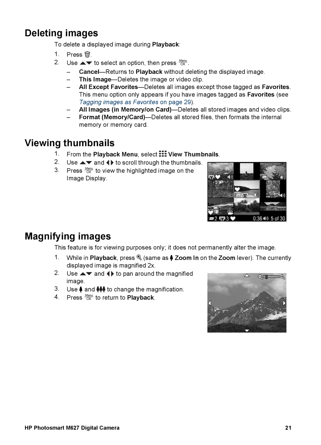 HP M627 manual Deleting images, Viewing thumbnails, Magnifying images, From the Playback Menu, select View Thumbnails 