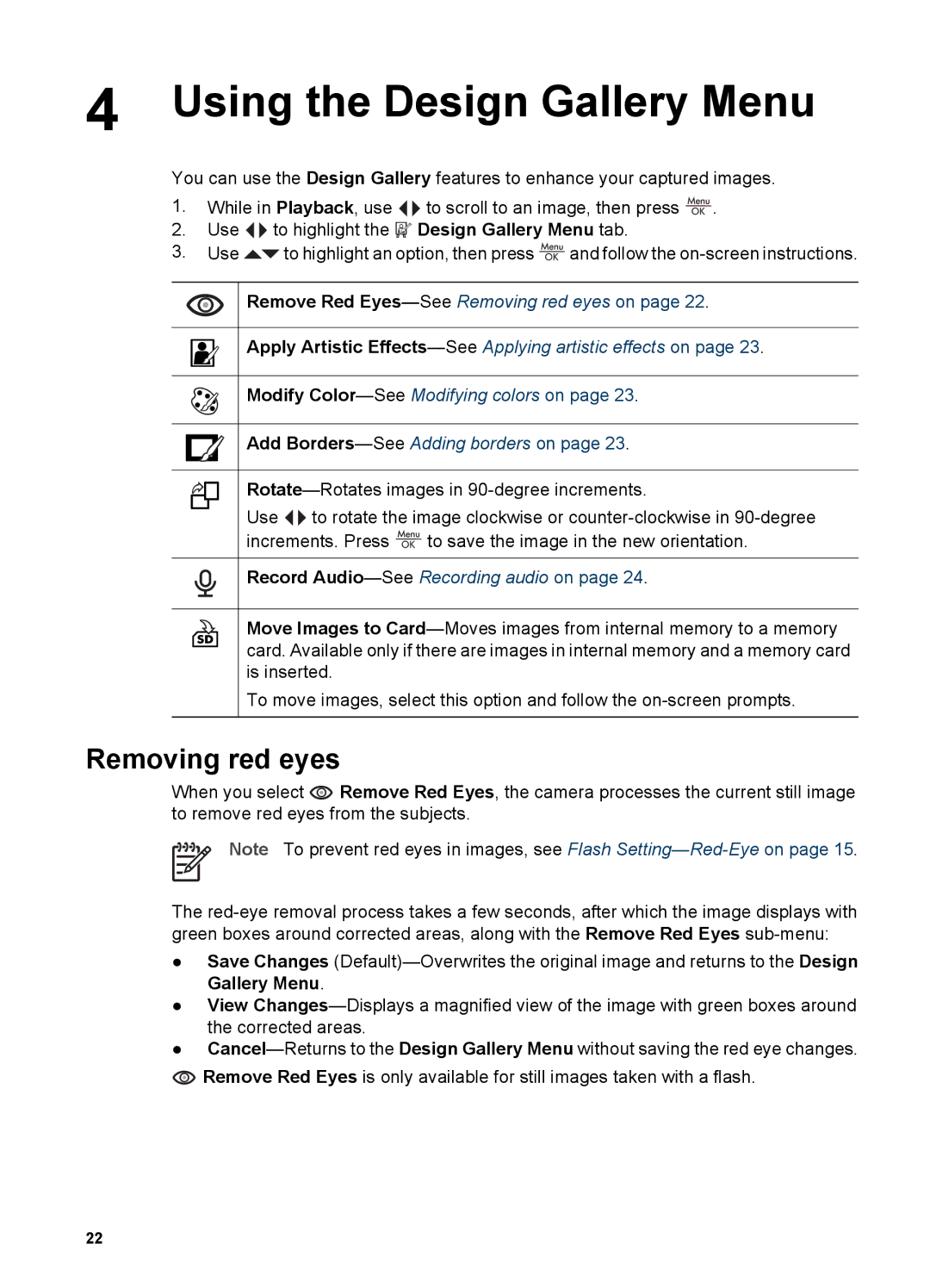 HP M627 manual Using the Design Gallery Menu, Removing red eyes 