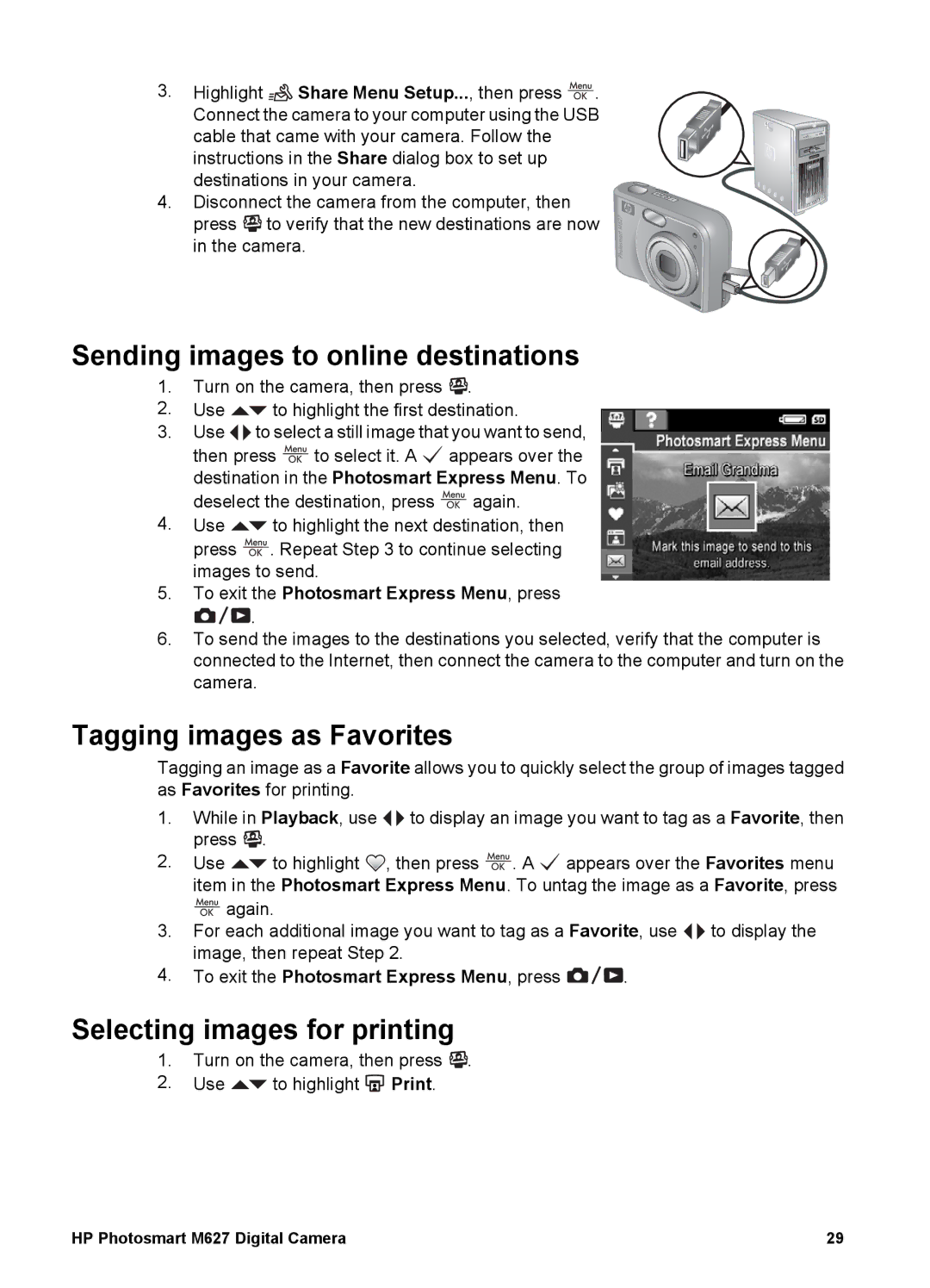 HP M627 manual Sending images to online destinations, Tagging images as Favorites, Selecting images for printing 