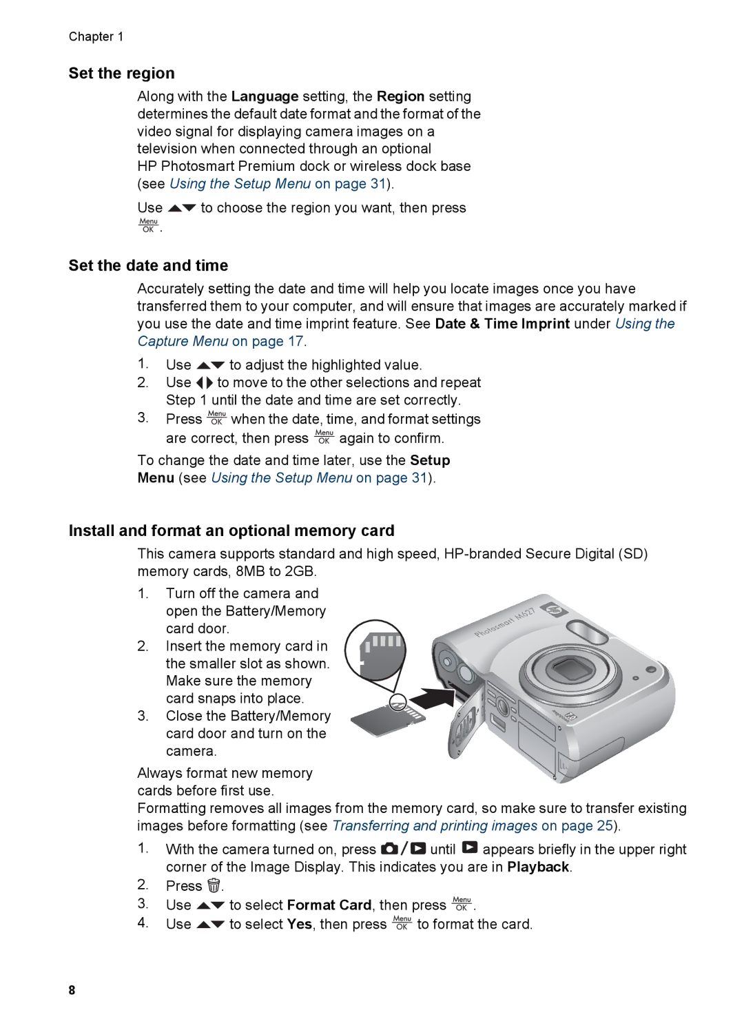 HP M627 manual Set the region, Set the date and time, Install and format an optional memory card 