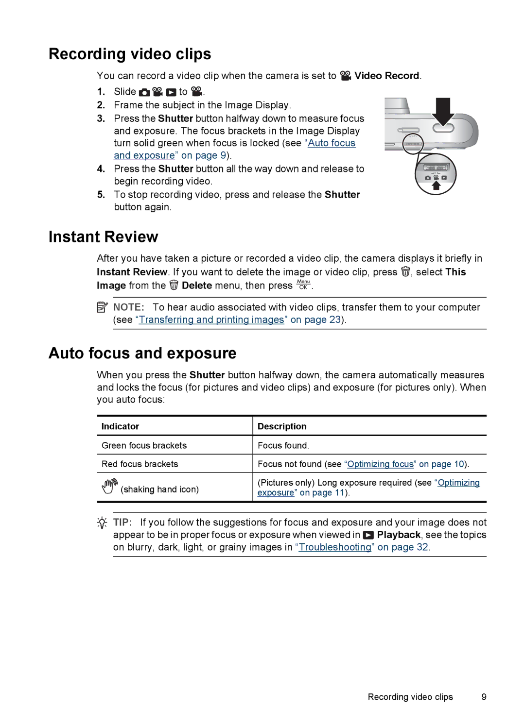 HP M547, M637, M447 manual Recording video clips, Instant Review, Auto focus and exposure, Indicator Description 