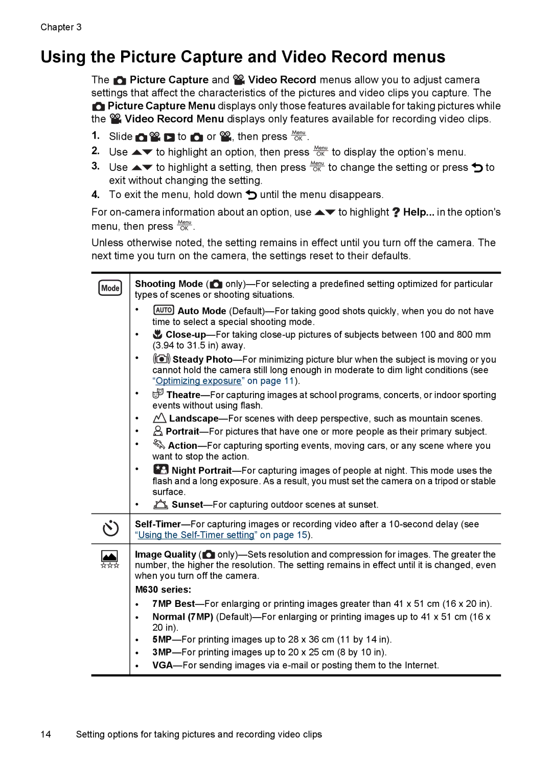 HP M447, M637, M547 manual Using the Picture Capture and Video Record menus, M630 series 