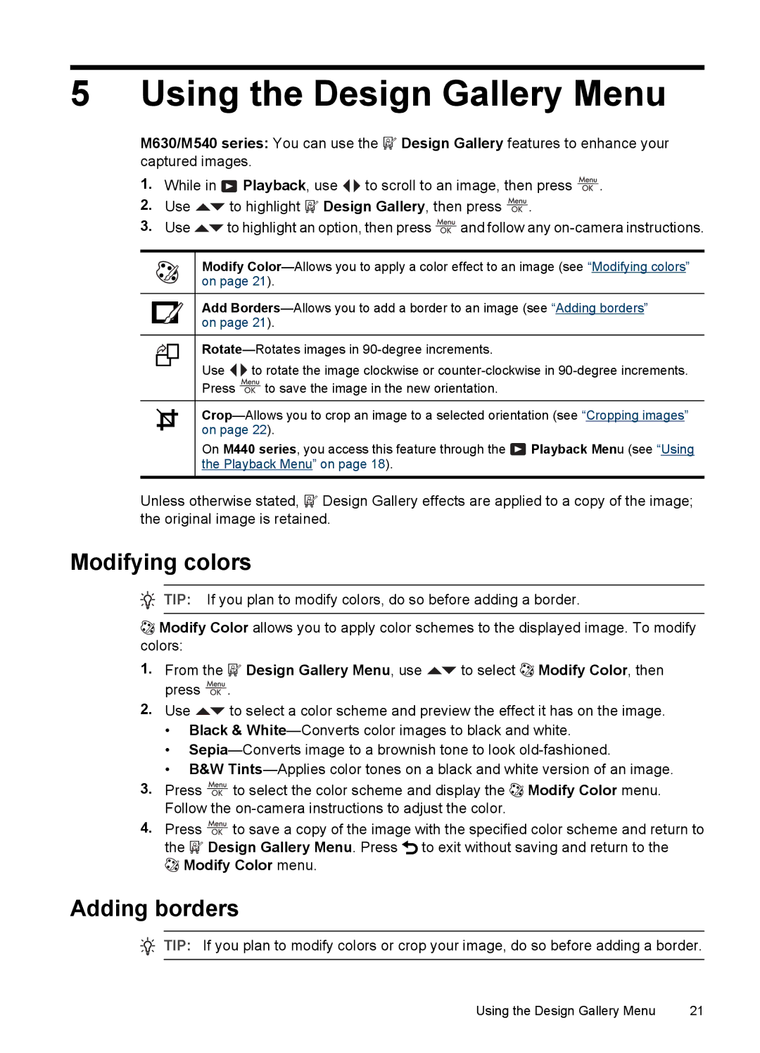 HP M547, M637, M447 manual Using the Design Gallery Menu, Modifying colors, Adding borders 