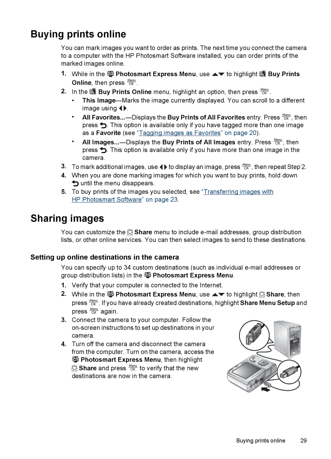 HP M447, M637, M547 manual Buying prints online, Sharing images, Setting up online destinations in the camera 