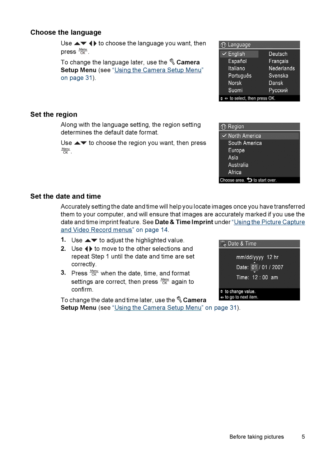 HP M447, M637, M547 manual Choose the language, Set the region, Set the date and time 