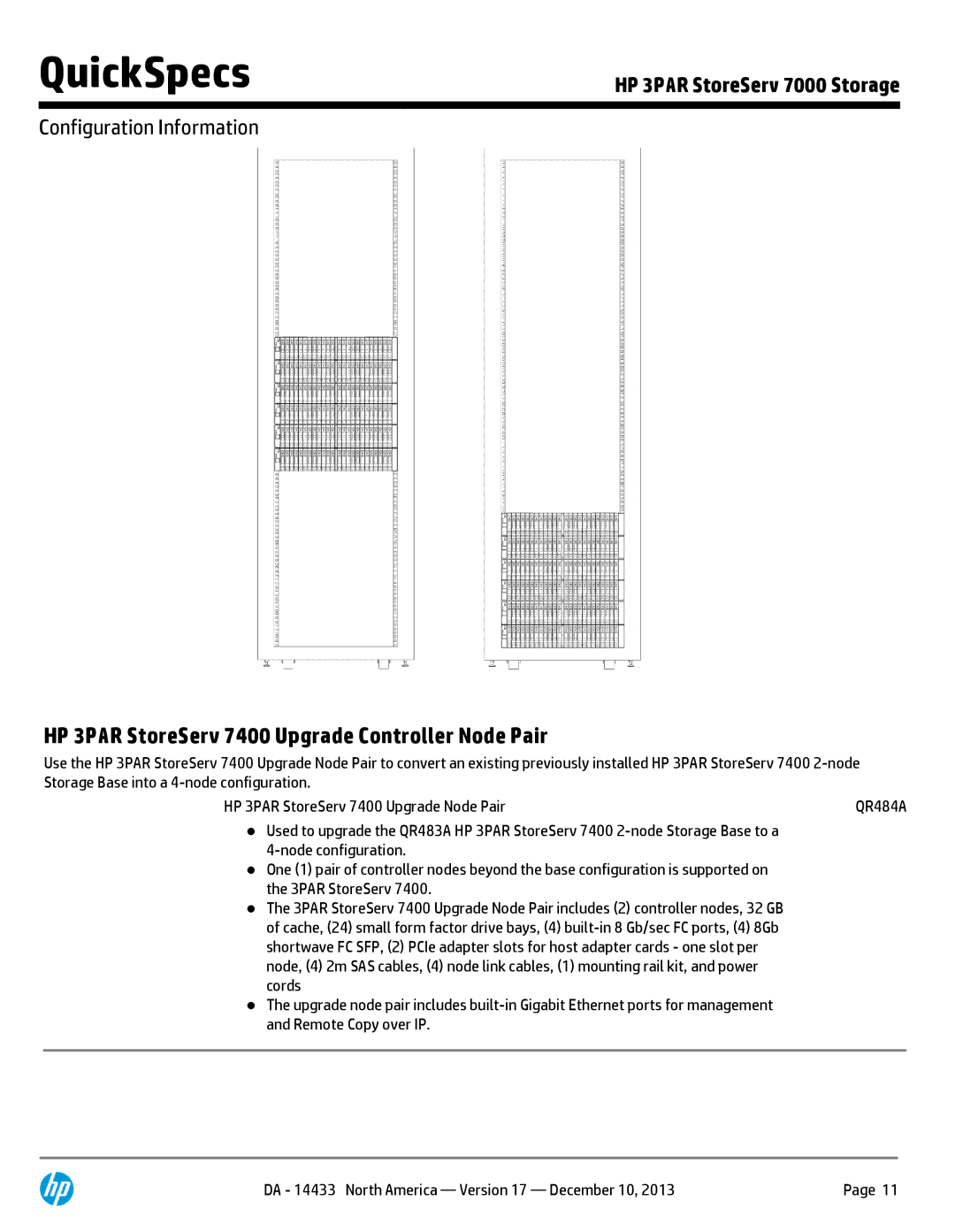 HP 7200 BC745A, M6710 QR504A, 7200 BC746A, M6710 QR490A manual HP 3PAR StoreServ 7400 Upgrade Controller Node Pair 