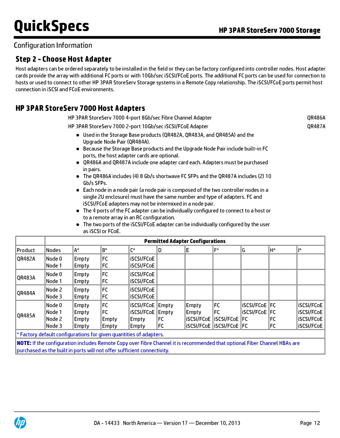 HP M6710 QR504A, 7200 BC746A Choose Host Adapter, HP 3PAR StoreServ 7000 Host Adapters, Permitted Adapter Configurations 