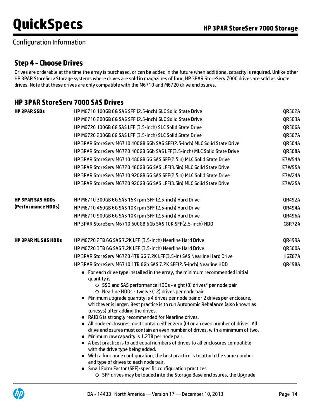 HP M6710 QR490A, M6710 QR504A, 7200 BC746A, 7200 BC745A manual Choose Drives, HP 3PAR StoreServ 7000 SAS Drives 