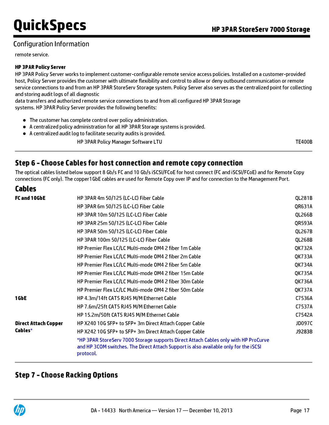 HP 7200 BC746A, M6710 QR504A, M6710 QR490A, 7200 BC745A manual Cables, Choose Racking Options 