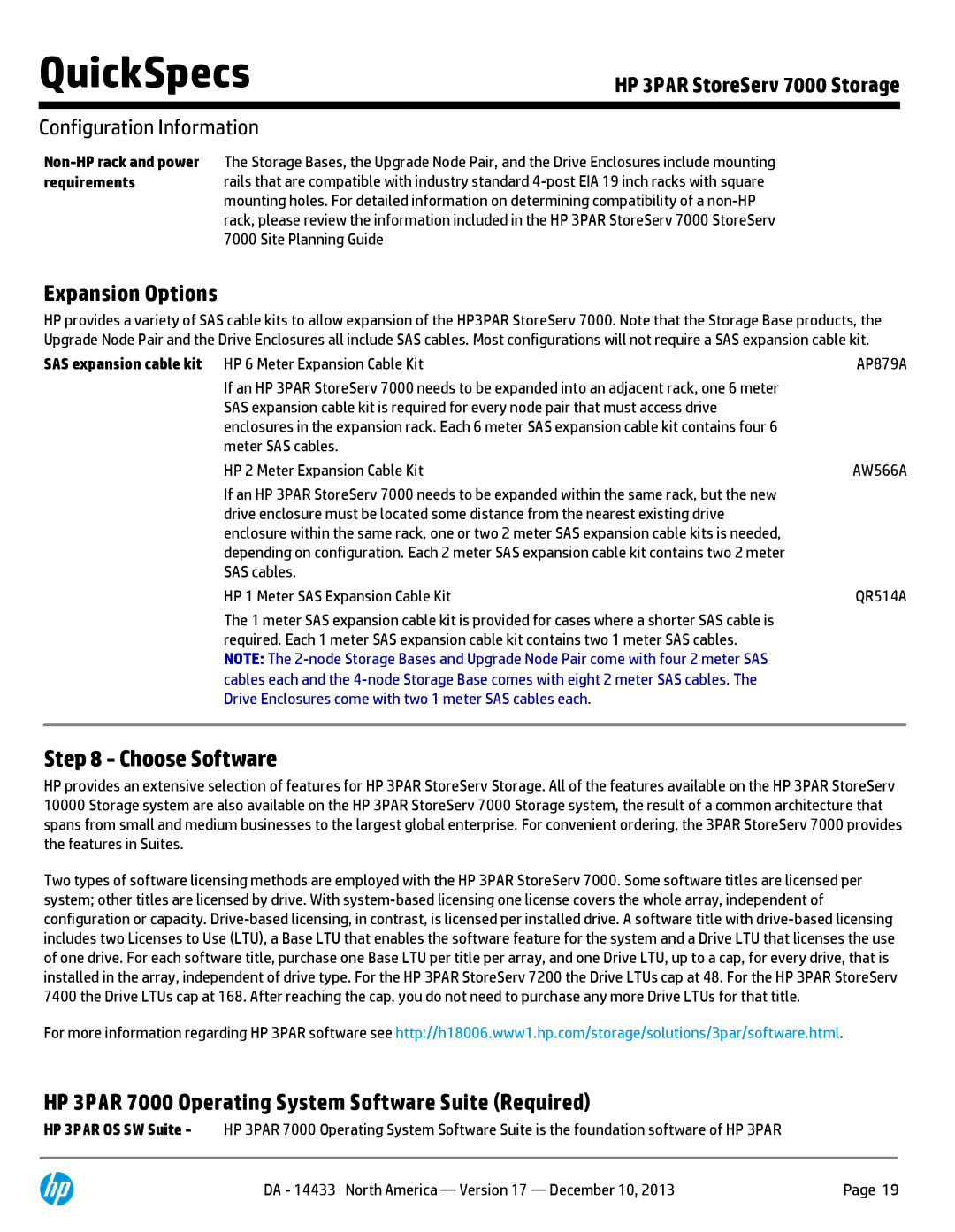 HP 7200 BC745A, M6710 QR504A Expansion Options, Choose Software, HP 3PAR 7000 Operating System Software Suite Required 