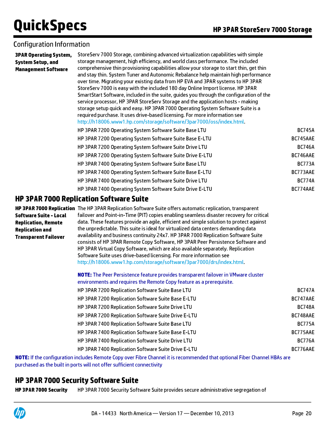 HP M6710 QR504A, 7200 BC746A, M6710 QR490A HP 3PAR 7000 Replication Software Suite, HP 3PAR 7000 Security Software Suite 