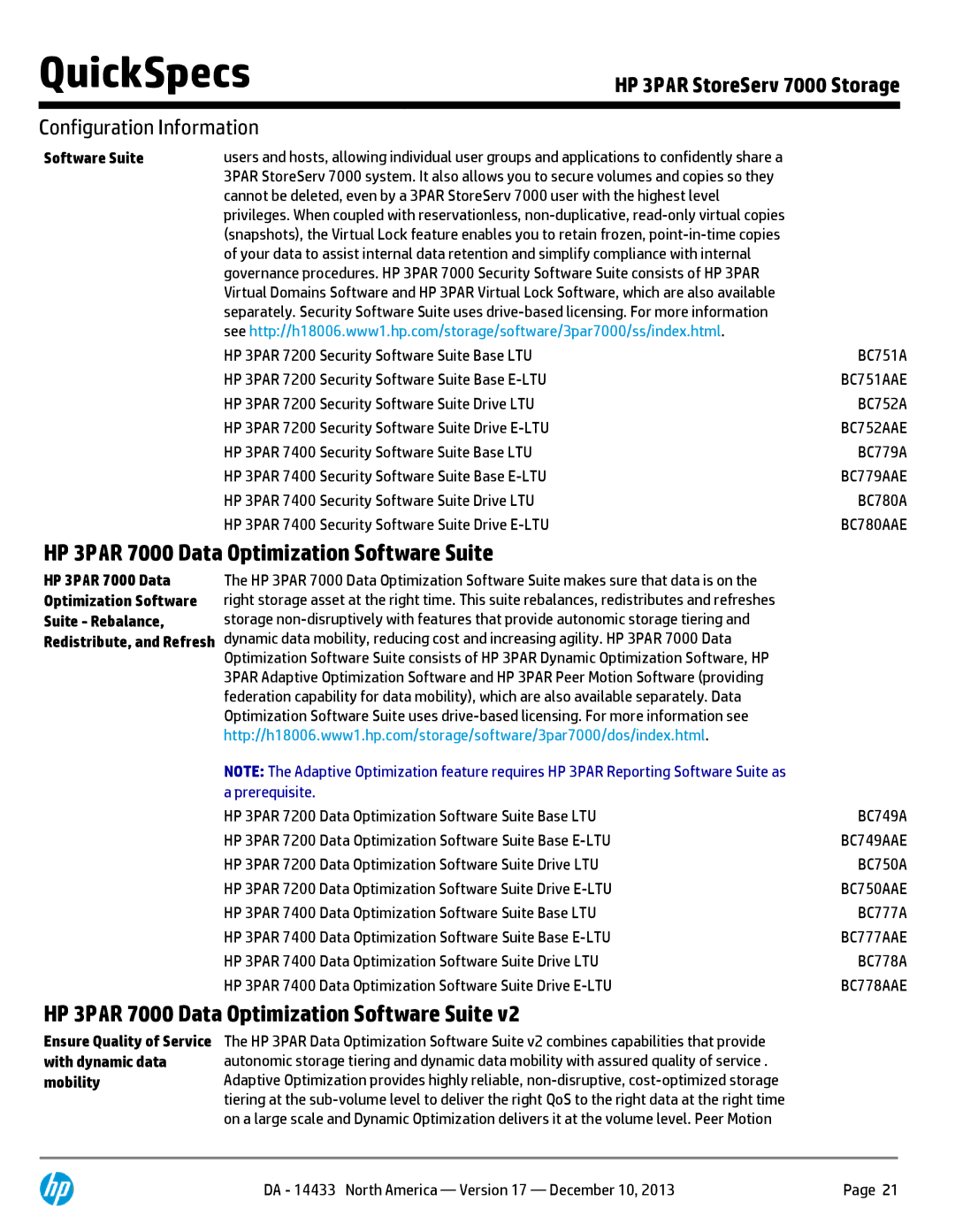 HP 7200 BC746A, M6710 QR504A, M6710 QR490A, 7200 BC745A manual HP 3PAR 7000 Data Optimization Software Suite Rebalance 