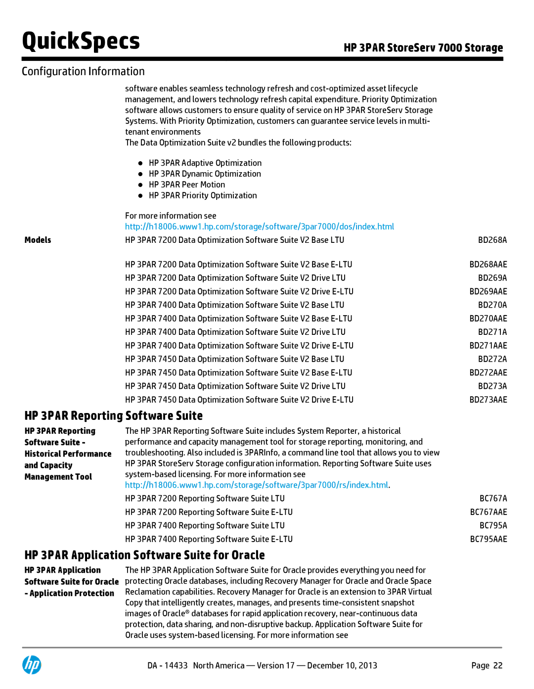 HP M6710 QR490A, M6710 QR504A manual HP 3PAR Reporting Software Suite, HP 3PAR Application Software Suite for Oracle, Models 