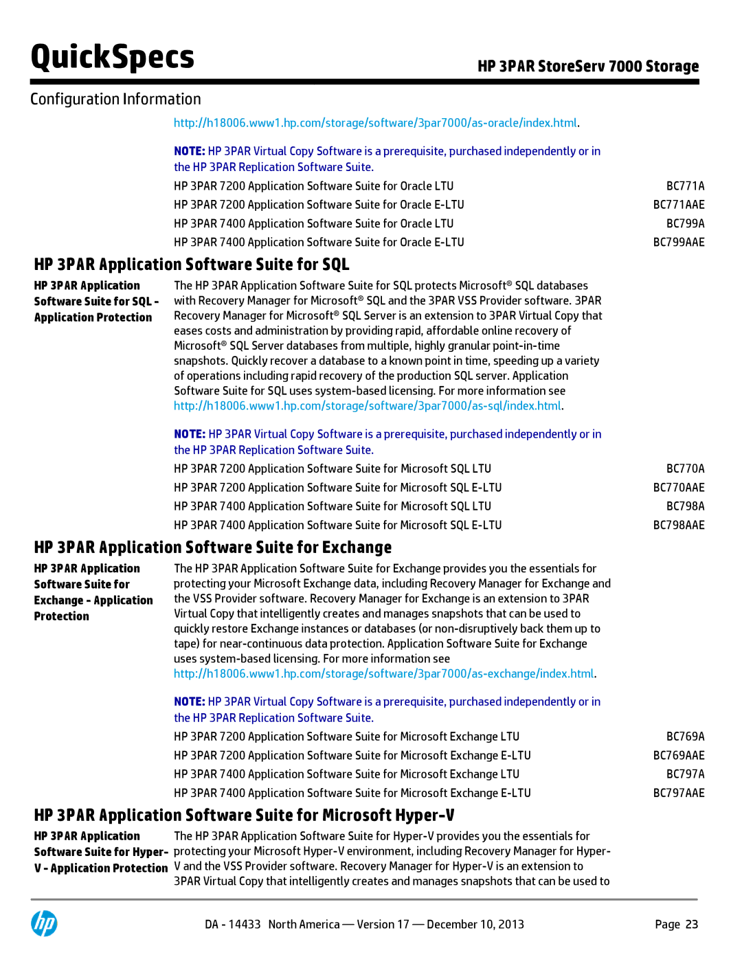 HP 7200 BC745A, M6710 QR504A HP 3PAR Application Software Suite for SQL, HP 3PAR Application Software Suite for Exchange 