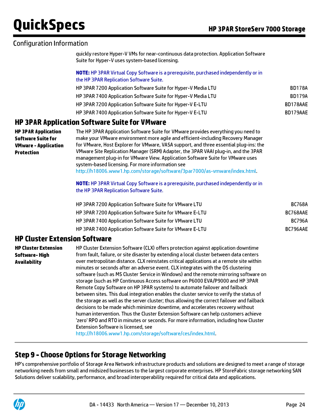 HP M6710 QR504A, 7200 BC746A, M6710 QR490A HP 3PAR Application Software Suite for VMware, HP Cluster Extension Software 