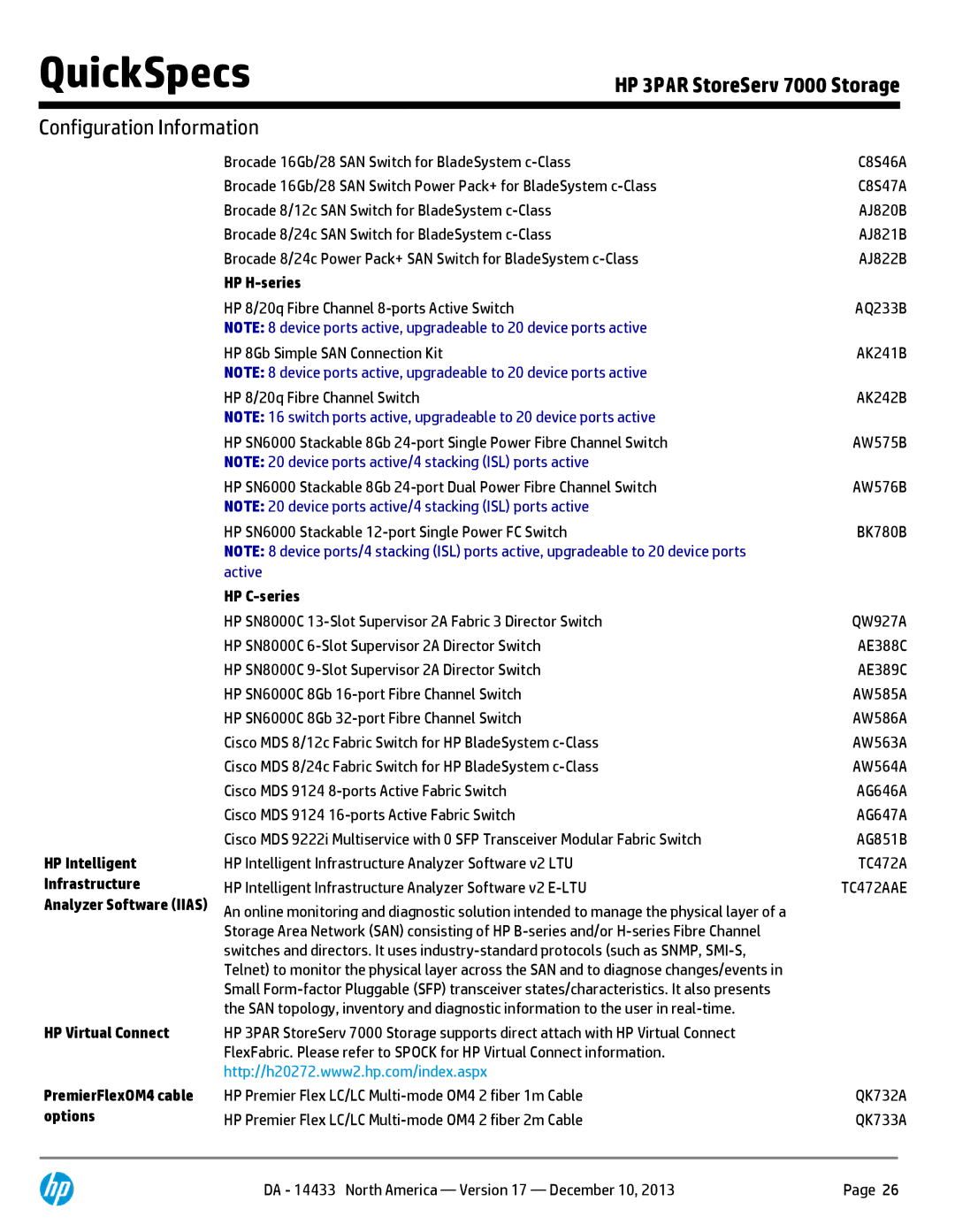 HP M6710 QR490A HP Intelligent Infrastructure, HP Virtual Connect PremierFlexOM4 cable options, HP H-series, HP C-series 