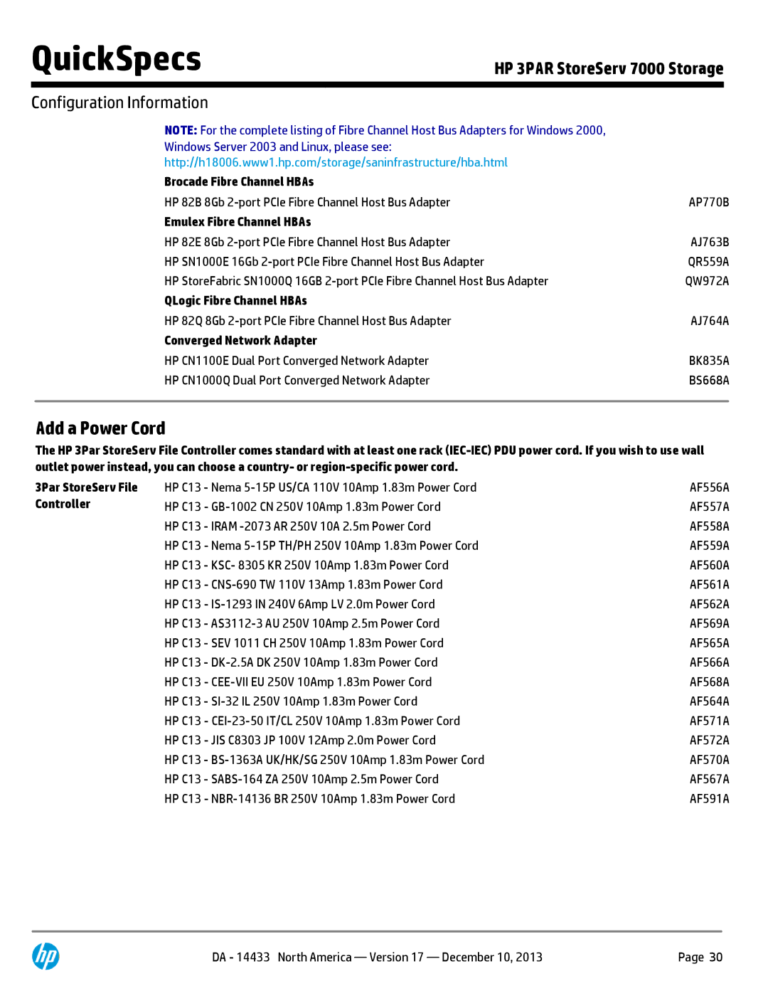 HP M6710 QR490A, M6710 QR504A, 7200 BC746A, 7200 BC745A manual Add a Power Cord, Converged Network Adapter 